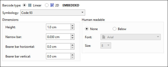 An example configuration for a Code 93 barcode.